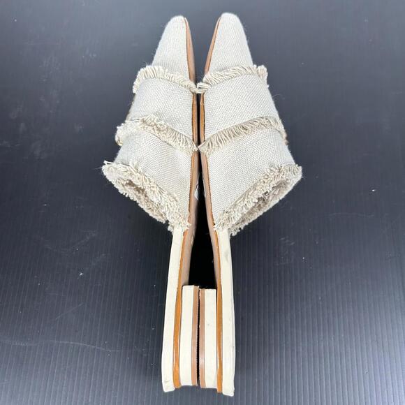 Schutz size 6.5 B Beige Frayed Mules Gold‎ tan canvas Buckle Womens - Picture 8 of 13